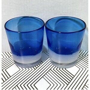 Set of 2  VINTAGE Cobalt Blue Two Tone Old Fashioned Glasses Stackable Ombre